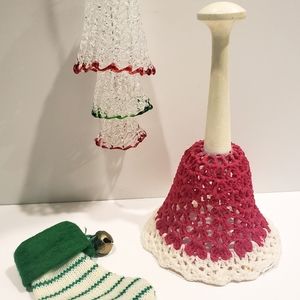 Vintage Christmas Crocheted Bell, Spun Glass Trio & Mini Stocking Ornament